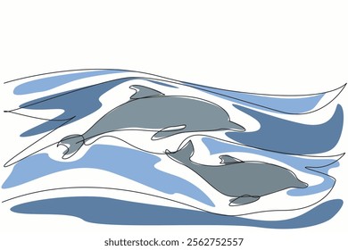 Single continuous line drawing 2 dolphins swimming. Aquatic mammals are known for their high intelligence. Jumping out of the water. Habits. National Dolphin Day. One line design vector illustration