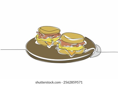 Single continuous line drawing 2 pcs English muffins on a round wooden cutting board. Will be served to a more appropriate place. National English Muffin Day. One line design vector illustration