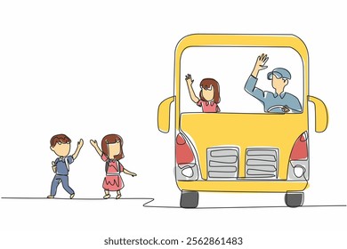 Single continuous line drawing 2 male and female students walking out of the school bus. Take the home safely. Responsible. School Bus Driver Appreciation Day. One line design vector illustration