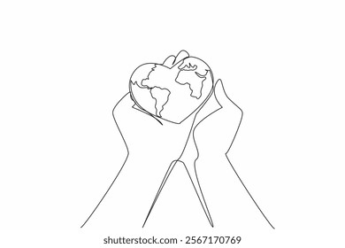 Single continuous line drawing 2 palms hold a heart shaped globe. Loving and careful treatment to keep the earth safe. Go green. Eco friendly. Global Love Day. One line design vector illustration