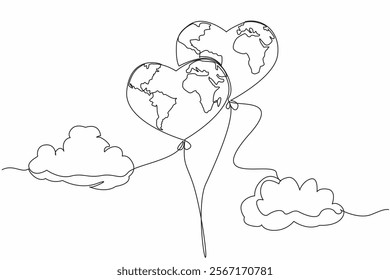 Single continuous line drawing 2 heart shaped globes tied like balloons with clouds. Take care of earth as seriously as child takes care of a toy. Global Love Day. One line design vector illustration