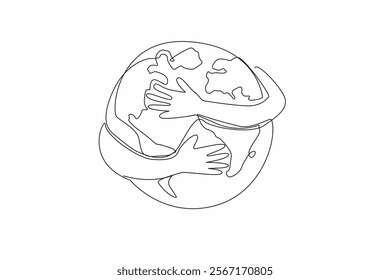 Single continuous line drawing 2 hands hugging a heart shaped globe. Symbolism of doing whatever it takes to keep the earth beautiful. Sacrifice. Global Love Day. One line design vector illustration