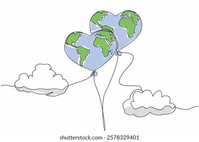 Single continuous line drawing 2 heart shaped globes tied like balloons with clouds. Take care of earth as seriously as child takes care of a toy. Global Love Day. One line design vector illustration