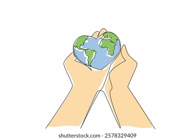 Single continuous line drawing 2 palms hold a heart shaped globe. Loving and careful treatment to keep the earth safe. Go green. Eco friendly. Global Love Day. One line design vector illustration