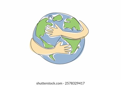 Single continuous line drawing 2 hands hugging a heart shaped globe. Symbolism of doing whatever it takes to keep the earth beautiful. Sacrifice. Global Love Day. One line design vector illustration