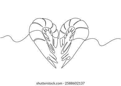 Single continuous line drawing 2 shrimps arranged in a heart shape. Serving for seafood lovers. Seafood restaurant logo. Prawn. Delicious. National Shrimp Day. One line design vector illustration