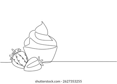 Single continuous line drawing 2 strawberries and cream in a small bowl. Enjoy the freshness while it is still cold and frozen. National Strawberries and Cream Day. One line design vector illustration