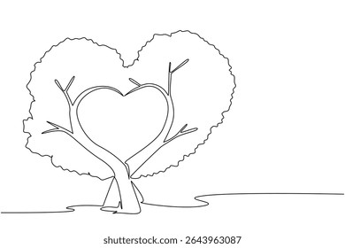 Single continuous line drawing 2 adjacent trees whose trunks curve to form a love shape. Naturally formed. Stems like dense leaves. Care. National Love a Tree Day. One line design vector illustration