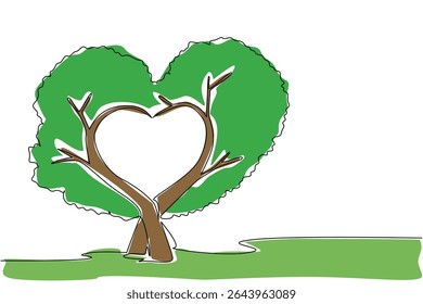 Single continuous line drawing 2 adjacent trees whose trunks curve to form a love shape. Naturally formed. Stems like dense leaves. Care. National Love a Tree Day. One line design vector illustration
