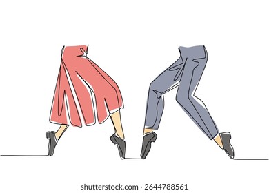 Single continuous line drawing 2 pairs of feet wearing tap dance shoes and their feet posing. Stunning performance. Rhythmic. Elegant. National Tap Dance Day. One line design vector illustration