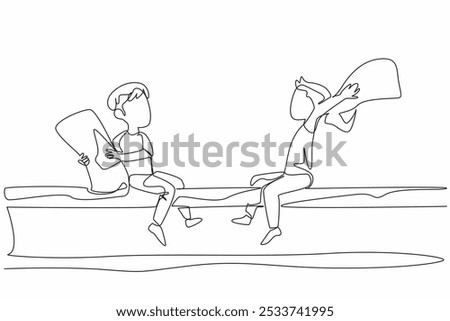 Single continuous line drawing 2 boys sitting on a big tree holding pillows under the tree is a pool. Compete. Attack.  Be a winner. International Pillow Fight Day. One line design vector illustration