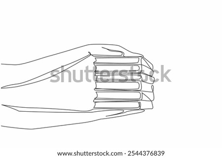Single continuous line drawing 2 hands holding 6 stacks of books on top and bottom. Giving very politely. Sharing interesting readings. National Donate a Book Day. One line design vector illustration