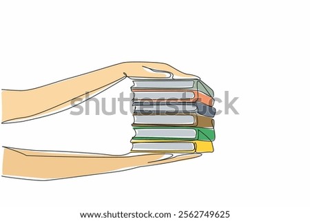 Single continuous line drawing 2 hands holding 6 stacks of books on top and bottom. Giving very politely. Sharing interesting readings. National Donate a Book Day. One line design vector illustration