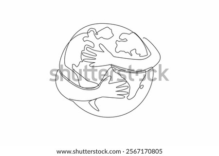 Single continuous line drawing 2 hands hugging a heart shaped globe. Symbolism of doing whatever it takes to keep the earth beautiful. Sacrifice. Global Love Day. One line design vector illustration