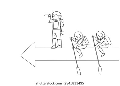 Single continuous line drawing 3 astronauts ride arrows. Teamwork with two of them rowing, the rest standing up using binoculars. Cosmic galaxy outer space concept. One line design vector illustration