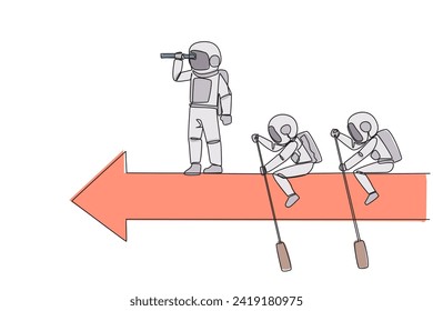 Single continuous line drawing 3 astronauts ride arrows. Teamwork with two of them rowing, the rest standing up using binoculars. Cosmic galaxy outer space concept. One line design vector illustration