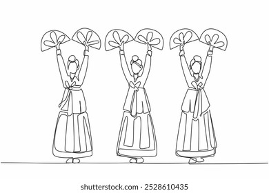 Línea continua única dibujando 3 mujeres con ropa tradicional coreana posando bailando. Danza étnica. Danza en eventos del festival. Día del Baile del Abanico. Ilustración vectorial de diseño de una línea