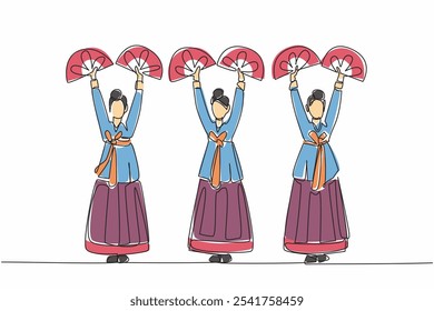 Línea continua única dibujando 3 mujeres con ropa tradicional coreana posando bailando. Danza étnica. Danza en eventos del festival. Día del Baile del Abanico. Ilustración vectorial de diseño de una línea