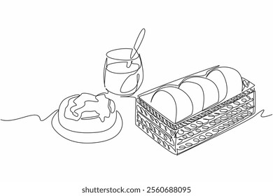 Single continuous line drawing 3 pcs English muffins in a woven box. Enjoy a sweet and quite filling snack. Aesthetic presentation. National English Muffin Day. One line design vector illustration