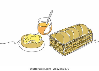 Single continuous line drawing 3 pcs English muffins in a woven box. Enjoy a sweet and quite filling snack. Aesthetic presentation. National English Muffin Day. One line design vector illustration