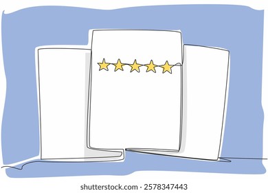 Single continuous line drawing 3 sheets of paper with the front sheet containing 5 stars. Evaluation review sheet. Better improvement. Feedback. Write a Review Day. One line design vector illustration