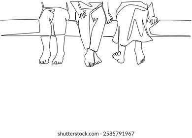 Single continuous line drawing 3 children sitting with their legs hanging. Relaxing and breathing fresh air in the park after school. No homework. No Socks Day. One line design vector illustration