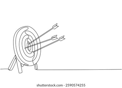 Single continuous line drawing 3 arrows hit the target pad. Achievements that are not yet optimal. Lack of practice. Lack of focus. Lack of accuracy. Archery Day. One line design vector illustration