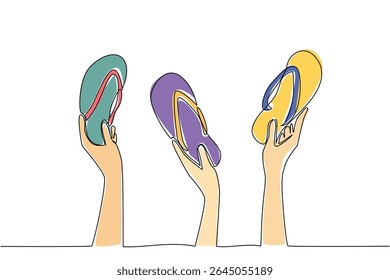 Single continuous line drawing 3 hands each holding a flip flop of various colors. The excitement of summer vacation with best friends. National Flip Flop Day. One line design vector illustration