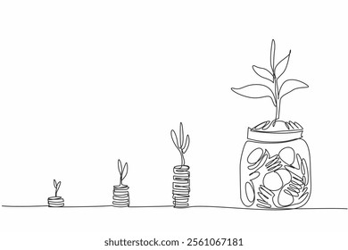 Single continuous line drawing 4 stacks of coins with increasing height and also a tree. The symbolism of investment is enriching. National Financial Awareness Day. One line design vector illustration