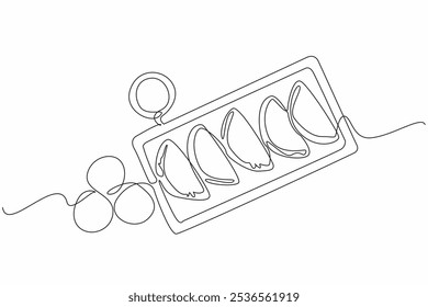 Single continuous line drawing 5 empanadas on a square tray neatly lined up, accompanied by sauce in a small bowl. Serving delicious snacks. National Empanada Day. One line design vector illustration