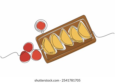 Single continuous line drawing 5 empanadas on a square tray neatly lined up, accompanied by sauce in a small bowl. Serving delicious snacks. National Empanada Day. One line design vector illustration