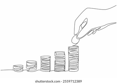 Single continuous line drawing 5 different stacks of coins. Shaped like bar graph. The ability to save for future financial freedom. Serenity. Comfort. Coin Week. One line design vector illustration