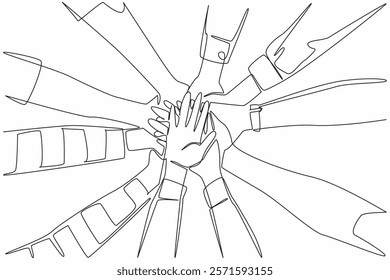 Single continuous line drawing 5 pairs of hands with various sleeve models stacked on top of each other. Collaboration between divisions. Colleague. Join Hands Day. One line design vector illustration