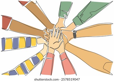 Single continuous line drawing 5 pairs of hands with various sleeve models stacked on top of each other. Collaboration between divisions. Colleague. Join Hands Day. One line design vector illustration