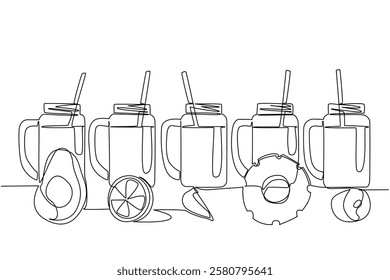 Single continuous line drawing 5 glass mugs with straws in each mug. Order fresh drinks online. Easier. Anti spill. Warming up the atmosphere. National Beverage Day One line design vector illustration