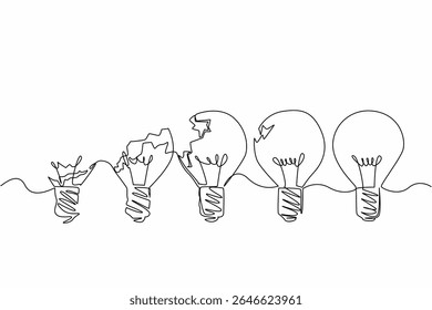 Single continuous line drawing 5 light bulbs with 4 having different damages. Improve the mindset. Become more brilliant. Think carefully. National Creativity Day. One line design vector illustration