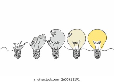 Single continuous line drawing 5 light bulbs with 4 having different damages. Improve the mindset. Become more brilliant. Think carefully. National Creativity Day. One line design vector illustration