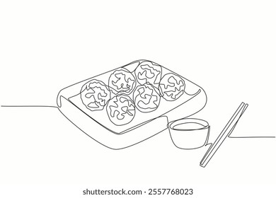 Single continuous line drawing 6 pcs rice balls on a black melamine square plate. Asian way of eating with chopsticks. Sensation of eating. National Rice Ball Day. One line design vector illustration