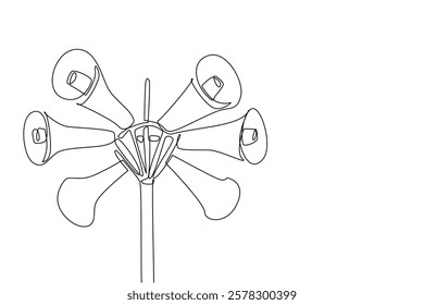 Single continuous line drawing 6 speakers installed in various directions on the tower. Mounted high for a longer reach. Announcement. National Public Radio Day. One line design vector illustration