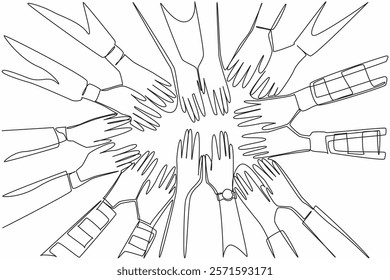 Single continuous line drawing 8 pairs of hands with various sleeve models stacked on top of each other. Team agreement. Encouragement. Work group. Join Hands Day. One line design vector illustration