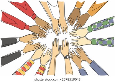 Single continuous line drawing 8 pairs of hands with various sleeve models stacked on top of each other. Team agreement. Encouragement. Work group. Join Hands Day. One line design vector illustration