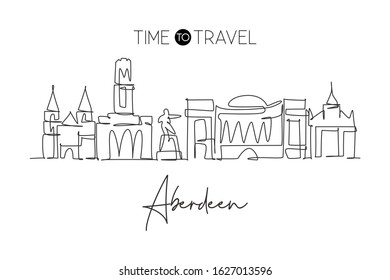 Single continuous line drawing of Aberdeen city skyline, Scotland. Famous city scraper and landscape. World travel concept wall decor poster print art. Modern one line draw design vector illustration