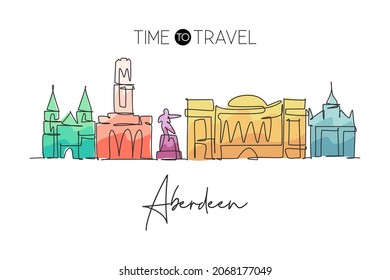 Single continuous line drawing of Aberdeen city skyline, Scotland. Famous city scraper and landscape. World travel concept wall decor poster print art. Modern one line draw design vector illustration