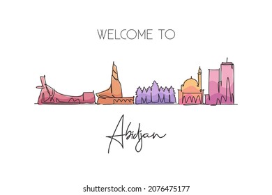 Single continuous line drawing of Abidjan city skyline, Ivory Coast. Famous city scraper landscape home wall decor poster print. World travel concept. Modern one line draw design vector illustration