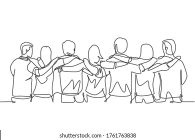 Single continuous line drawing about group men   woman from multi ethnic standing together to show their friendship bonding  Unity in diversity concept one line draw design vector illustration