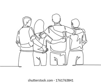 Single continuous line drawing about group of men and woman from multi ethnic standing and hugging together to show their unity bonding. Friendship concept one line draw design vector illustration