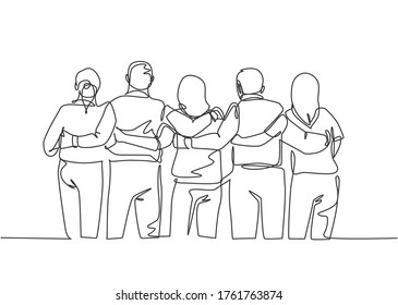 Single continuous line drawing about group men   woman from multi ethnic standing   hugging together to show their unity bonding  Friendship concept one line draw design vector illustration