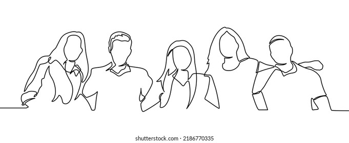 Single continuous line drawing about group of men and woman from multi ethnic standing together to show their friendship bonding. Unity in diversity concept one line draw design vector illustration