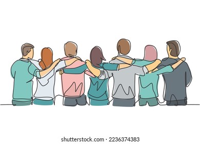 Single continuous line drawing about group of men and woman from multi ethnic standing together to show their friendship bonding. Unity in diversity concept one line draw design vector illustration