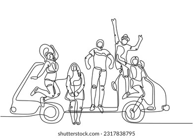 Single continuous line drawing about group of men and woman from multi ethnic standing in front of car to show their friendship bonding. Unity in diversity concept one line draw design